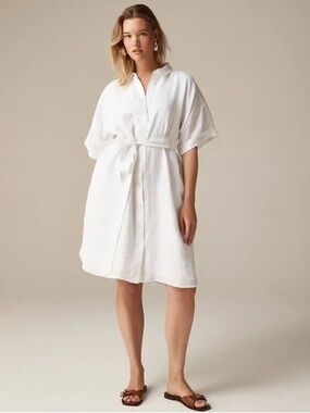 J. Crew Capitaine White Linen Button-Front Tie-Waist Shirt Dress